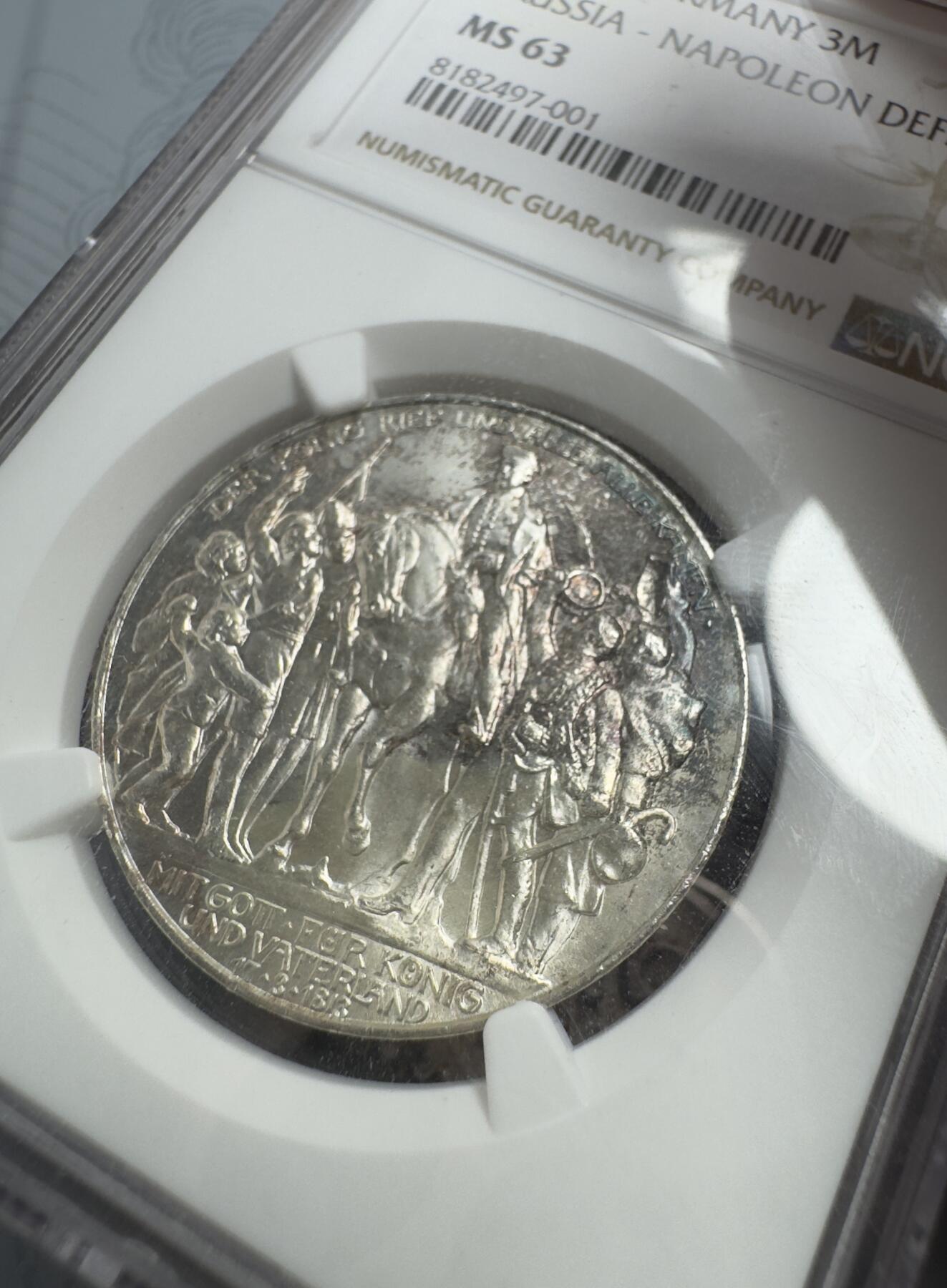“一元初始，万象更新”新年新铺开张（第3期） 全场免押金出价 NGC-MS63 1913年德意志第二帝国 普鲁士1913年战胜拿破仑胜利3马克银币，老包浆好品，值得入藏