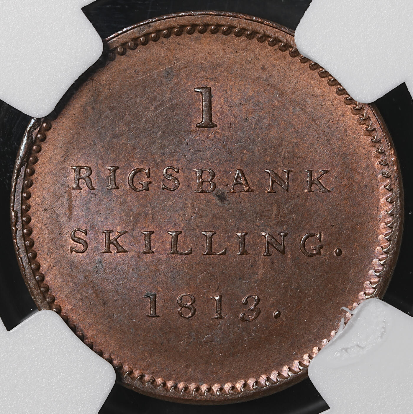 修遠堂世界钱币第五十五期 全场包邮 NGC MS64RB 丹麦1813年1 RIGSBANKSKILLING铜币