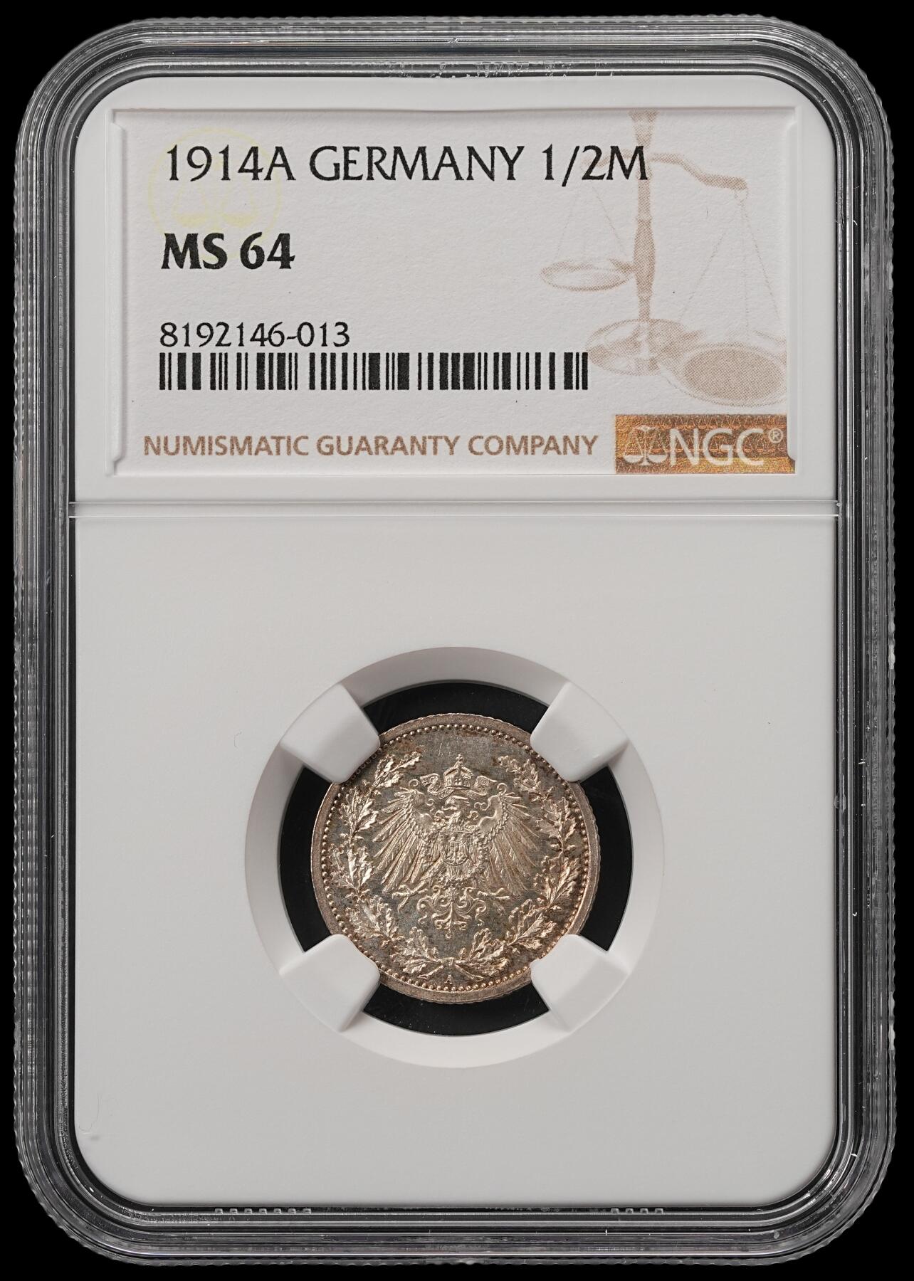 修遠堂世界钱币第五十五期 全场包邮 NGC MS64 1914年德意志第二帝国1/2马克银币 A厂铭