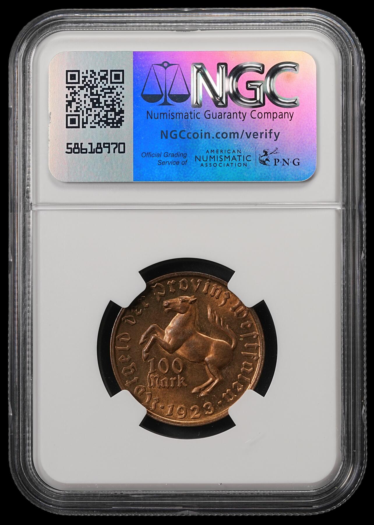 修遠堂世界钱币第五十五期 全场包邮 NGC MS64RB 1923年德国紧急时期威斯特法伦100马克马币 少见女人头版