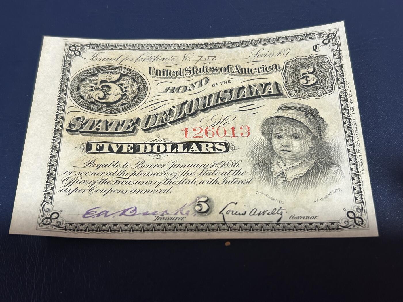 收藏联盟Quantum Auction 第406期拍卖 @征集拍品 长期供货可享分佣福利 1886年美国路易斯安那州 债券5美元 UNC-