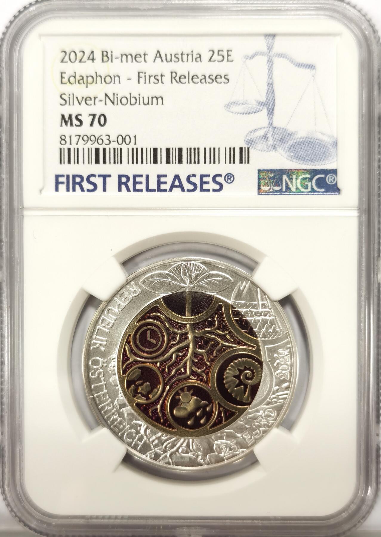 博洋堂世界钱币拍卖第108期（全场包邮） NGC MS70 奥地利2024年土壤微生物(Edaphon)25欧元银铌双色币，带盒证