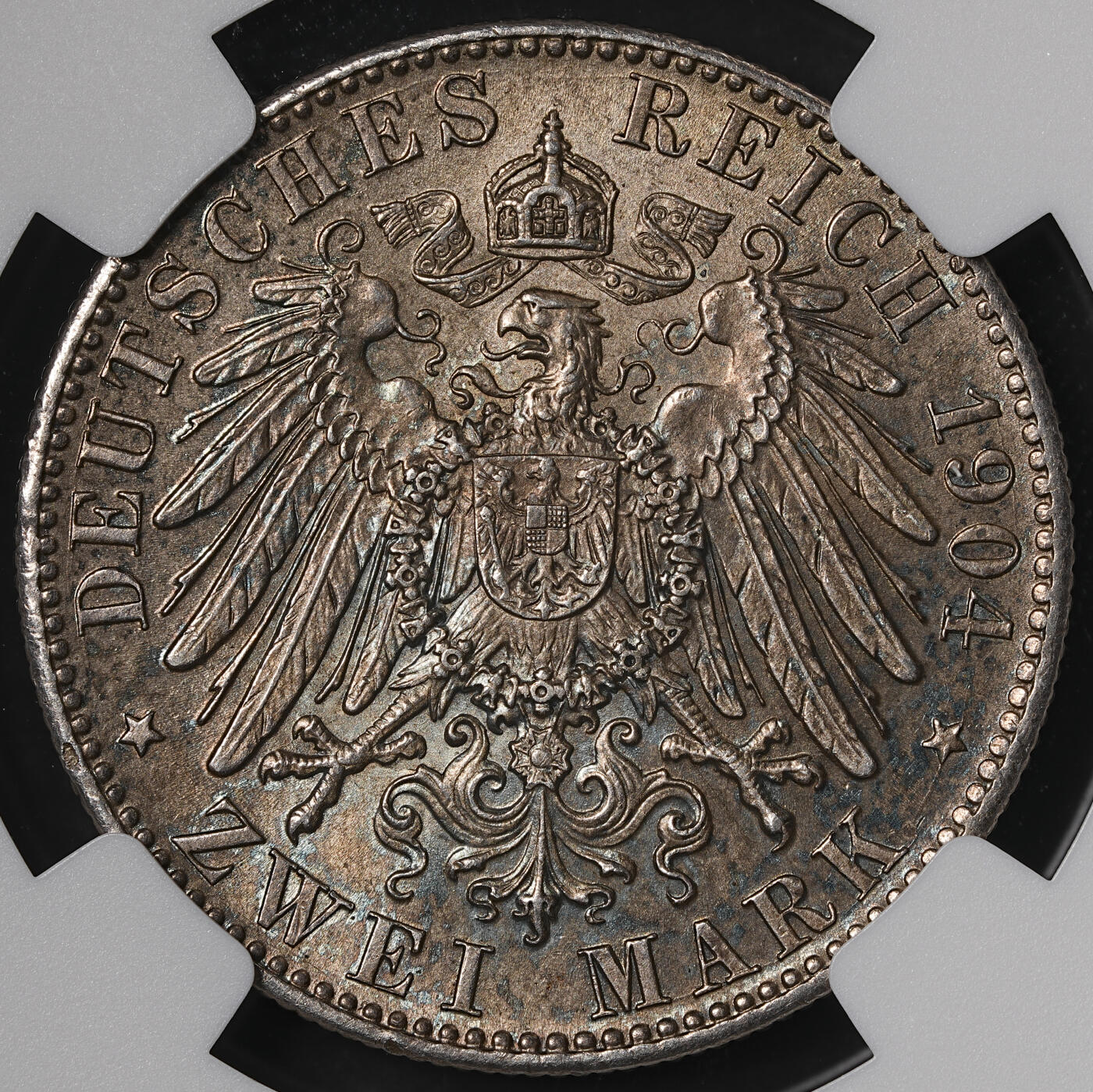 修遠堂世界钱币第五十五期 全场包邮 NGC MS62 1904年萨克森流通版2马克银币 少见品种 书价高 五彩包浆