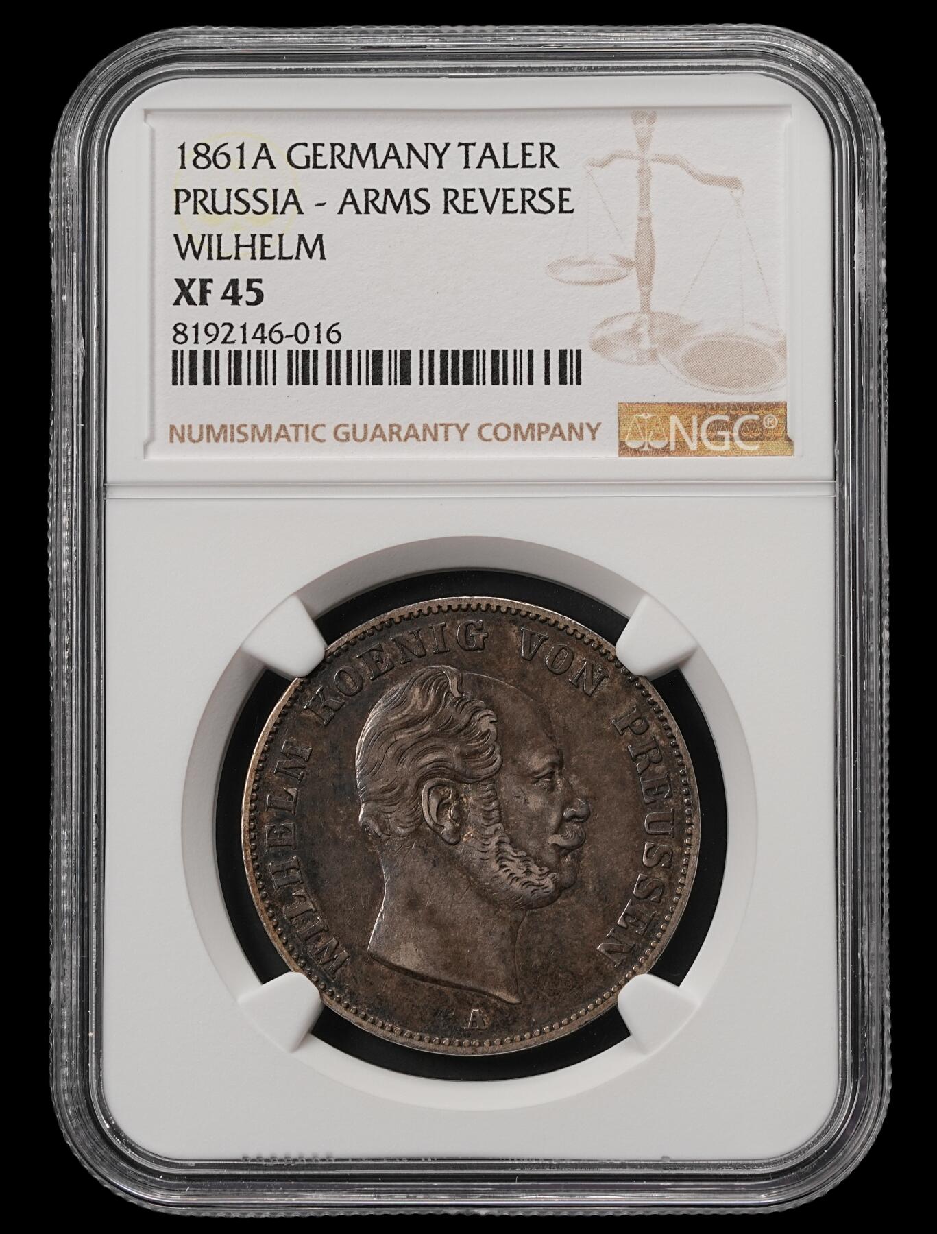 修遠堂世界钱币第五十五期 全场包邮 NGC XF45 1861年普鲁士1泰勒银币 酱黑彩