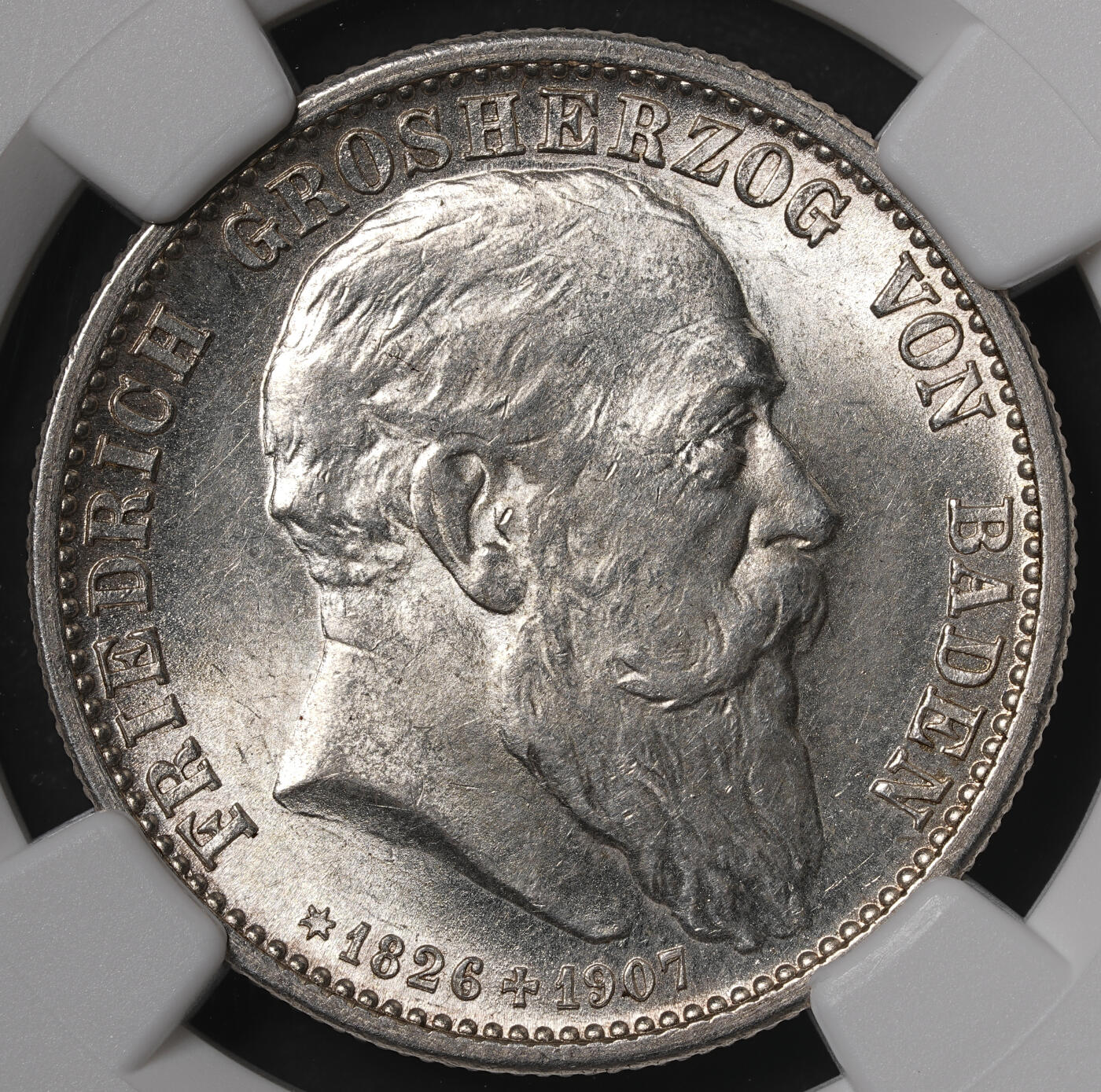 修遠堂世界钱币第五十五期 全场包邮 NGC MS63 1907年巴登国王逝世纪念2马克银币