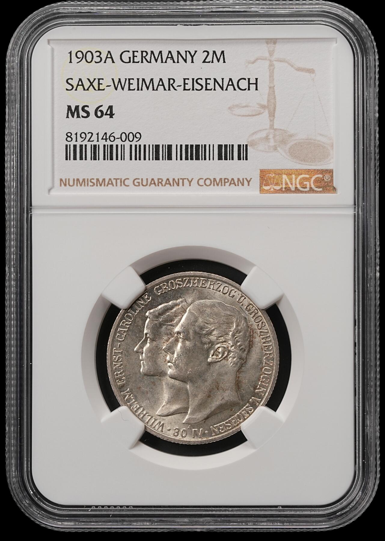 修遠堂世界钱币第五十五期 全场包邮 NGC MS64 1903年萨克森-魏玛-爱森纳赫大公国-大公结婚纪念2马克银币 少见品种 仅铸造4万枚