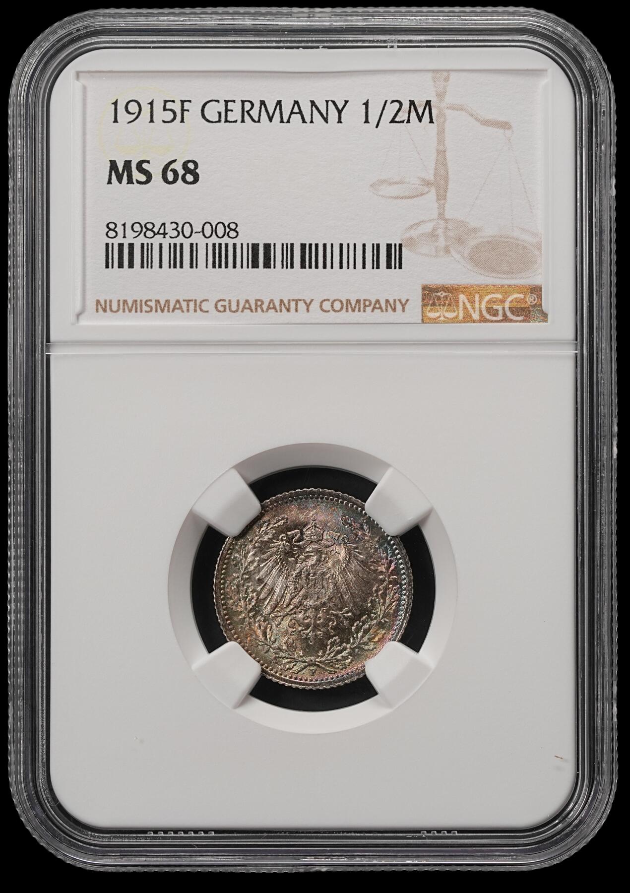 修遠堂世界钱币第五十五期 全场包邮 顶级品幻彩加环彩 NGC MS68 1915年德意志第二帝国1/2马克银币 F厂铭 68分老币天花板级别分数