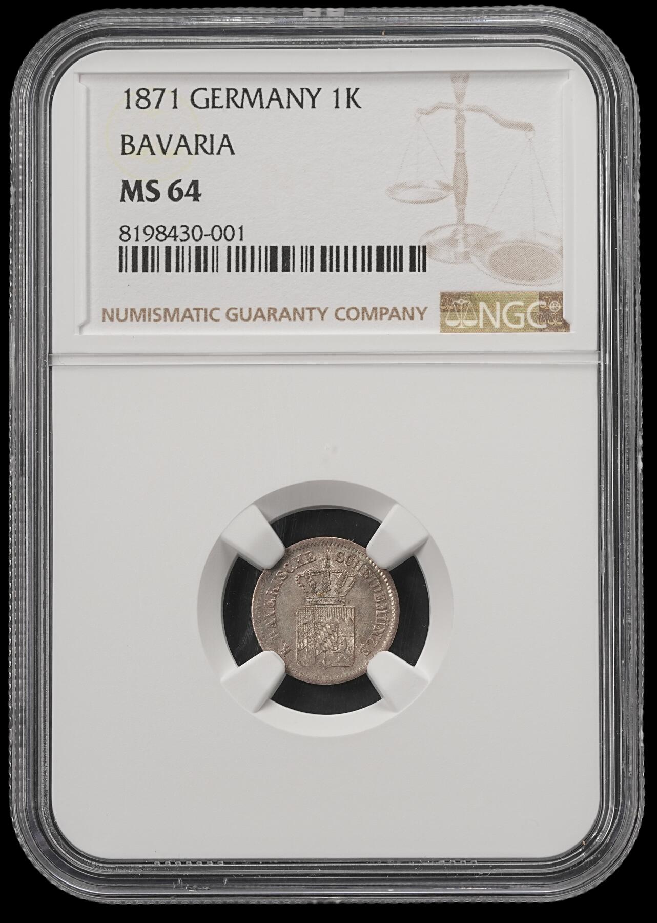 修遠堂世界钱币第五十五期 全场包邮 NGC MS64 1871年巴伐利亚1克鲁泽银币
