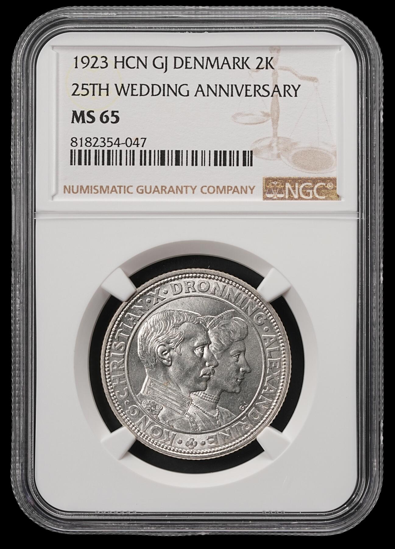 修遠堂世界钱币第五十五期 全场包邮 NGC MS65 1923年丹麦国王银婚纪念2克朗银币
