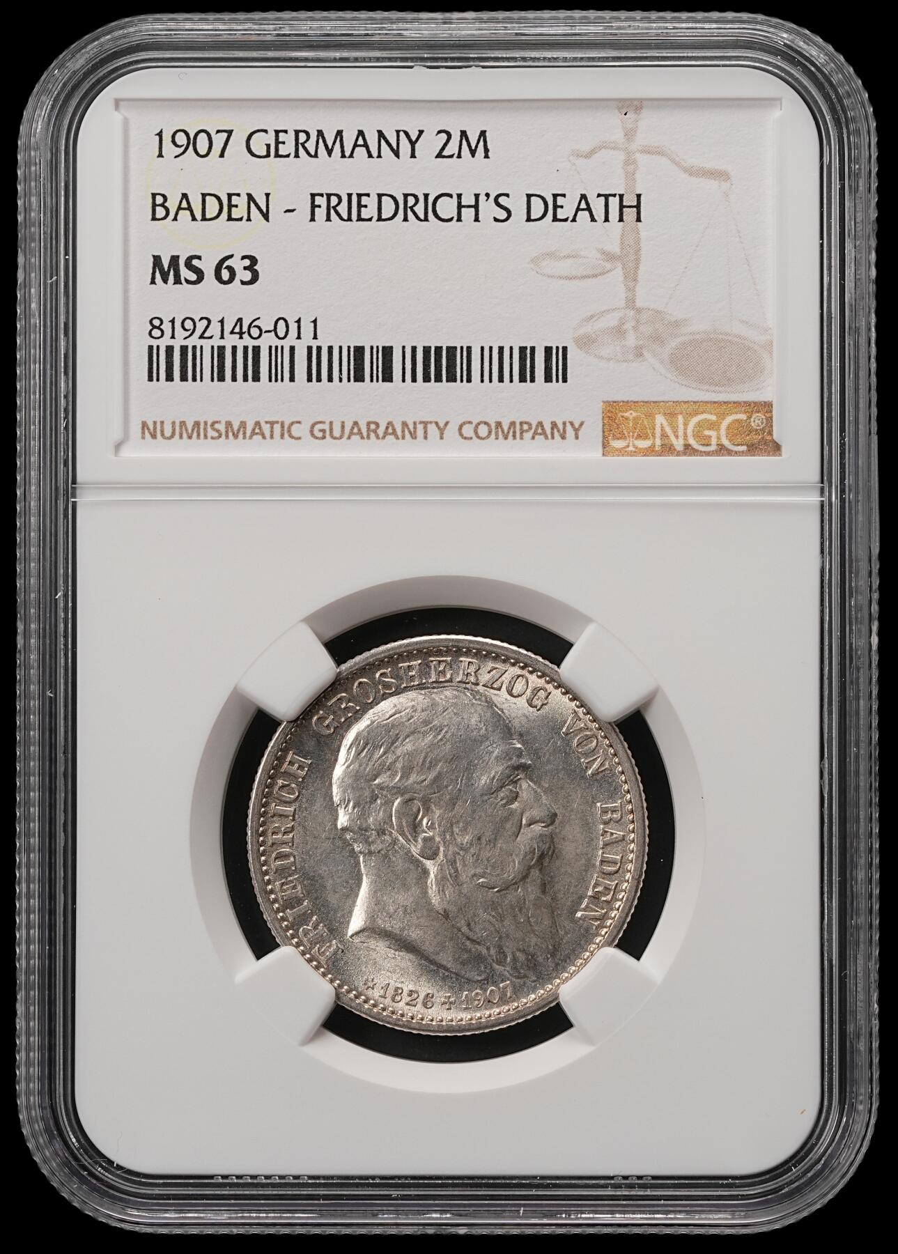 修遠堂世界钱币第五十五期 全场包邮 NGC MS63 1907年巴登国王逝世纪念2马克银币