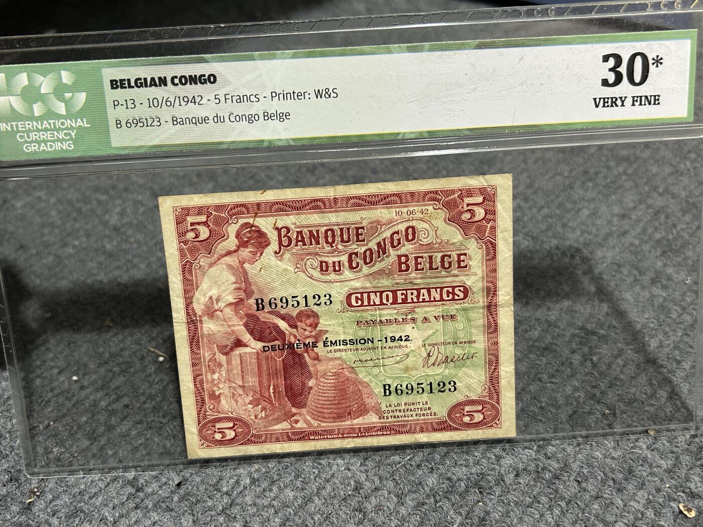收藏联盟Quantum Auction 第406期拍卖 @征集拍品 长期供货可享分佣福利 1942年比属刚果5法郎 ICG30*