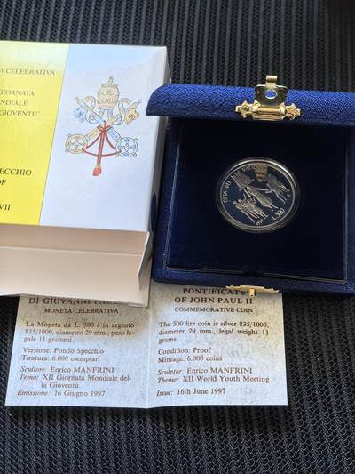道一币馆币章第一百零五场 过年下2.10继续，本期发货也等快递恢复再发 - 原盒证 梵蒂冈1997年第12届世界青年大会500里拉精制纪念银币 量6000