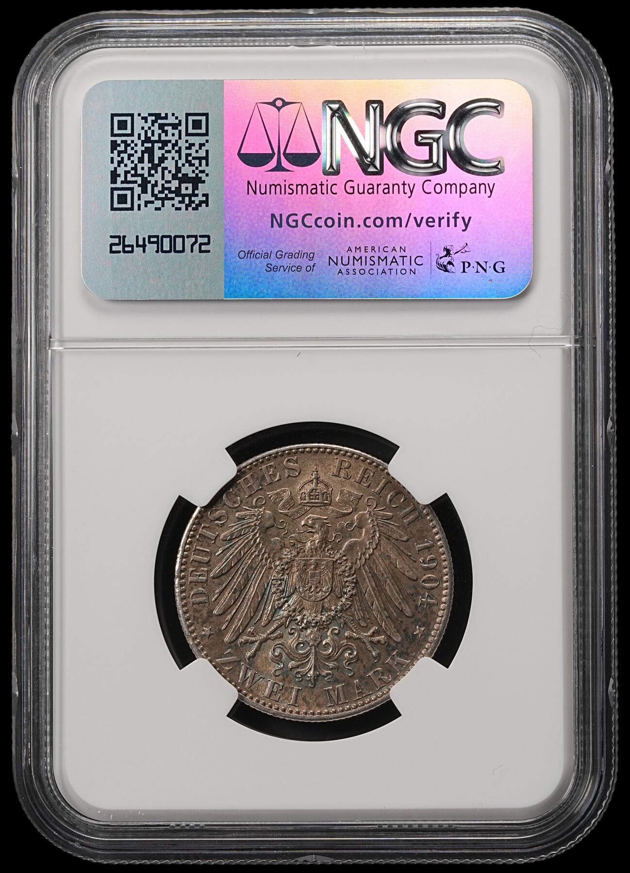 修遠堂世界钱币第五十五期 全场包邮 NGC MS62 1904年萨克森流通版2马克银币 少见品种 书价高 五彩包浆