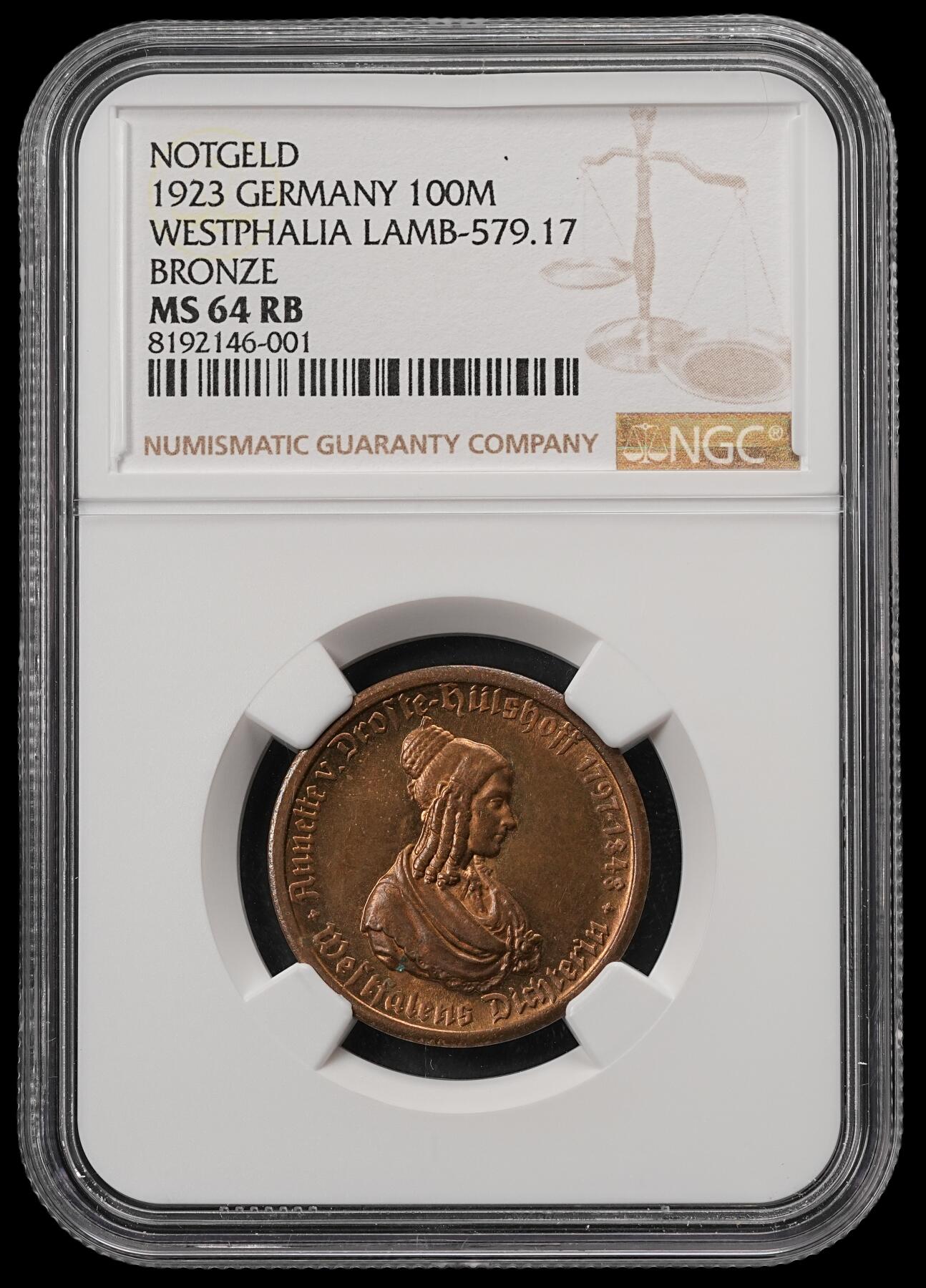 修遠堂世界钱币第五十五期 全场包邮 NGC MS64RB 1923年德国紧急时期威斯特法伦100马克马币 少见女人头版
