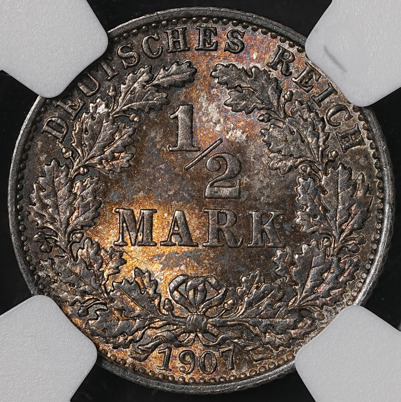 修遠堂世界钱币第五十五期 全场包邮 NGC MS63 1907年德意志第二帝国1/2马克银币 E厂铭 少见的年份厂铭仅铸造60万枚 重五彩包浆