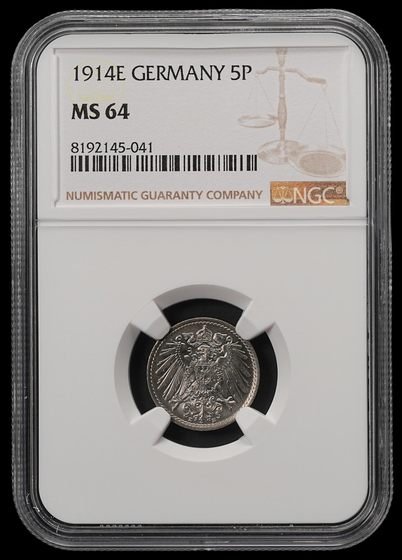 修遠堂世界钱币第五十五期 全场包邮 NGC MS64 1914年德意志第二帝国5芬尼 E厂铭