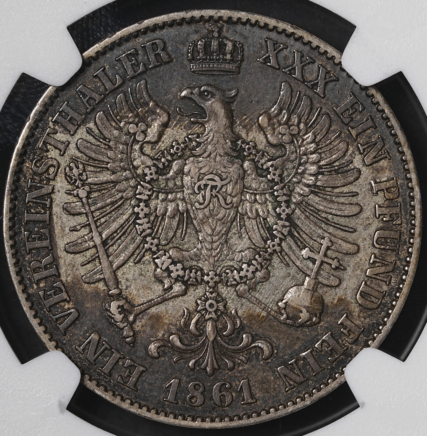 修遠堂世界钱币第五十五期 全场包邮 NGC XF45 1861年普鲁士1泰勒银币 酱黑彩