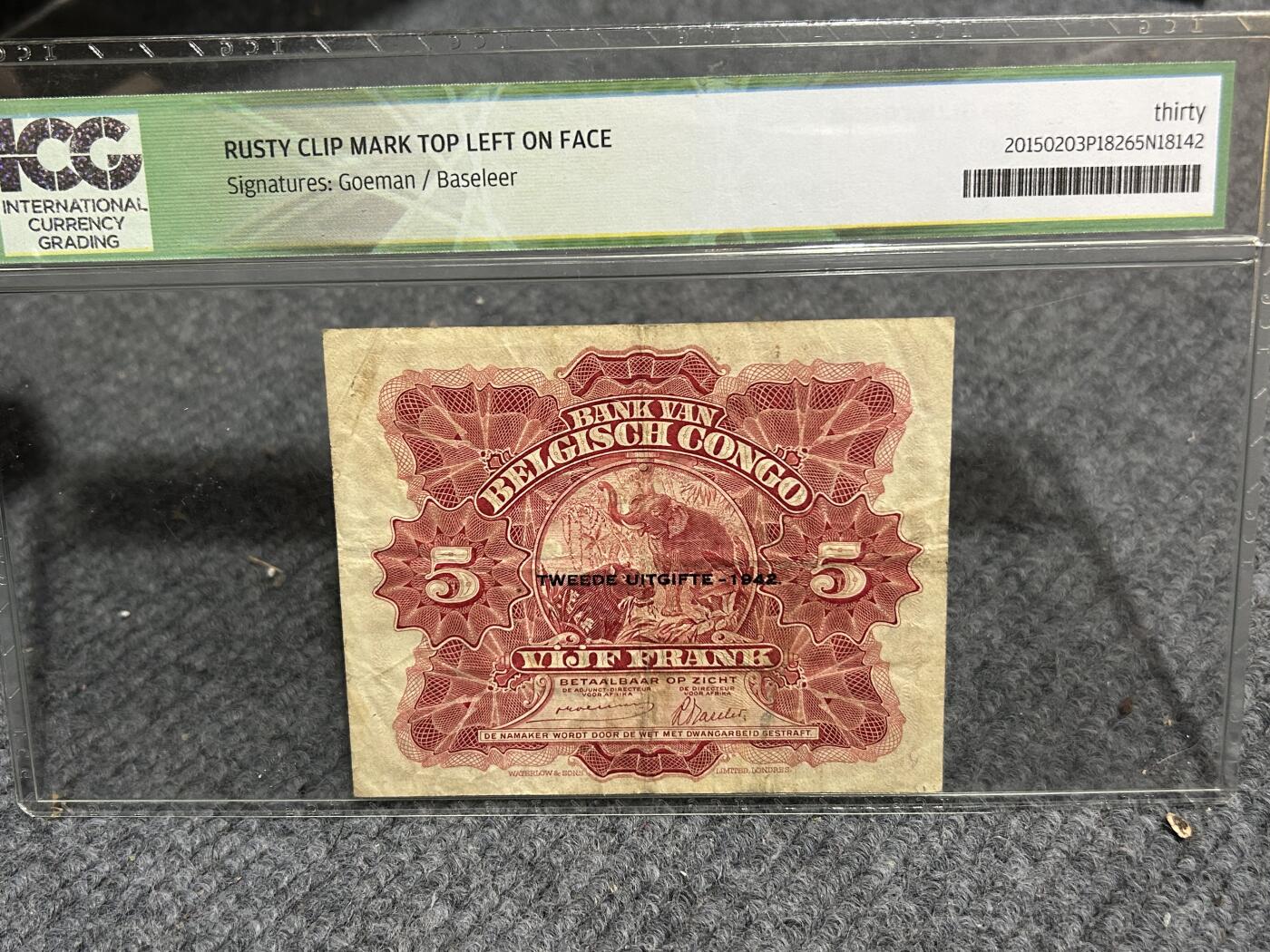 收藏联盟Quantum Auction 第406期拍卖 @征集拍品 长期供货可享分佣福利 1942年比属刚果5法郎 ICG30*