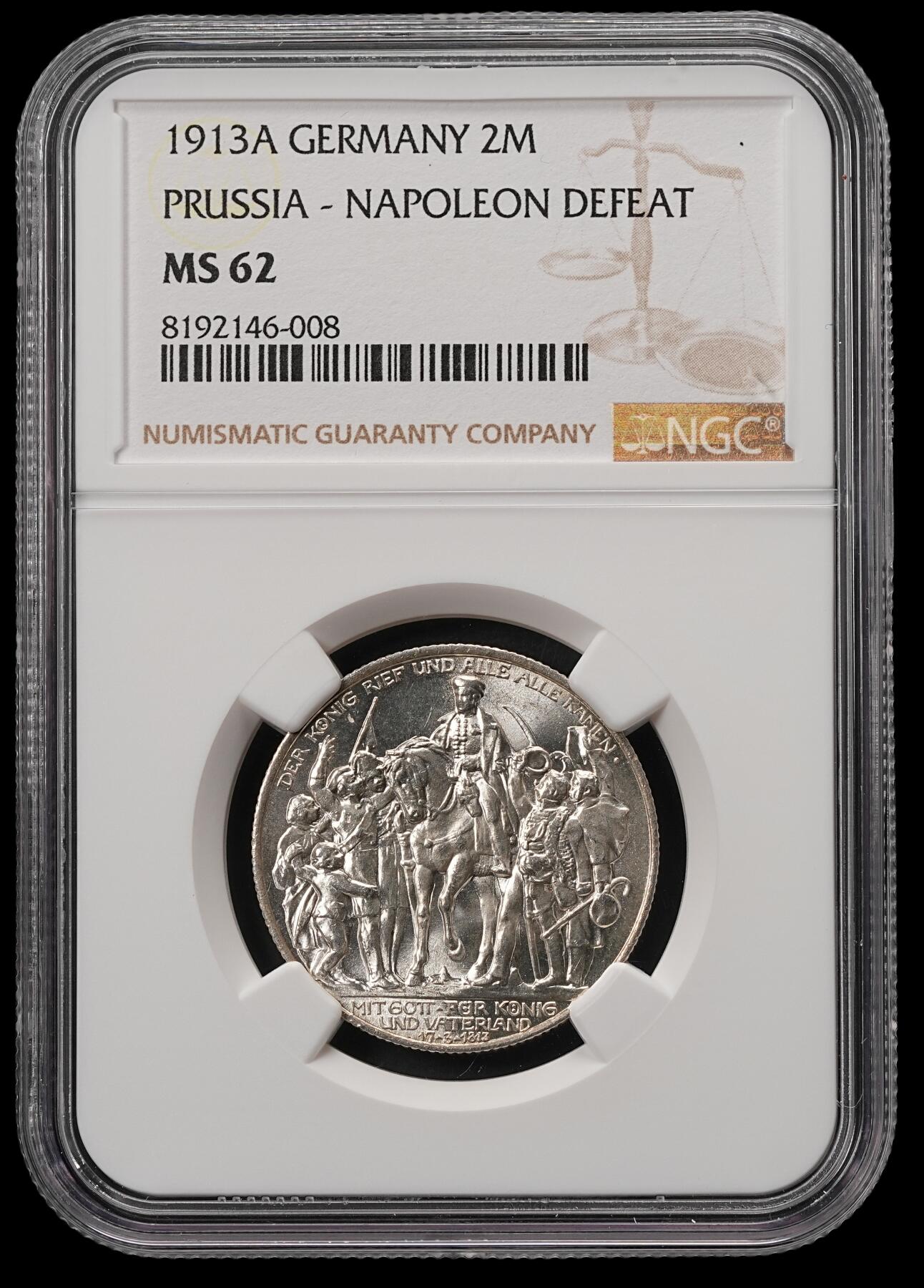 修遠堂世界钱币第五十五期 全场包邮 NGC MS62 1913年普鲁士战胜拿破仑百年纪念2马克银币