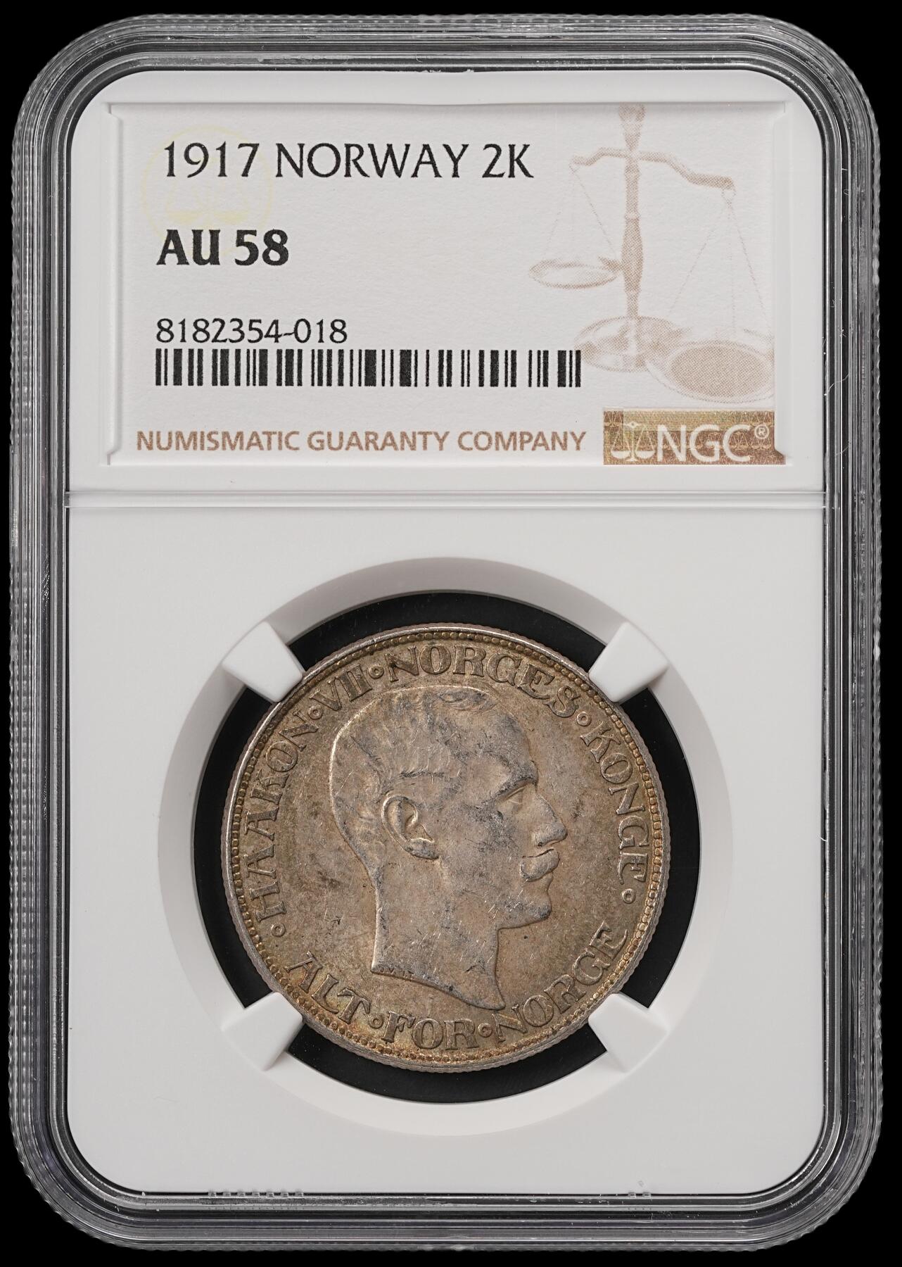 修遠堂世界钱币第五十五期 全场包邮 NGC AU58 1917年挪威2克朗银币 挪威老银币都比较少见