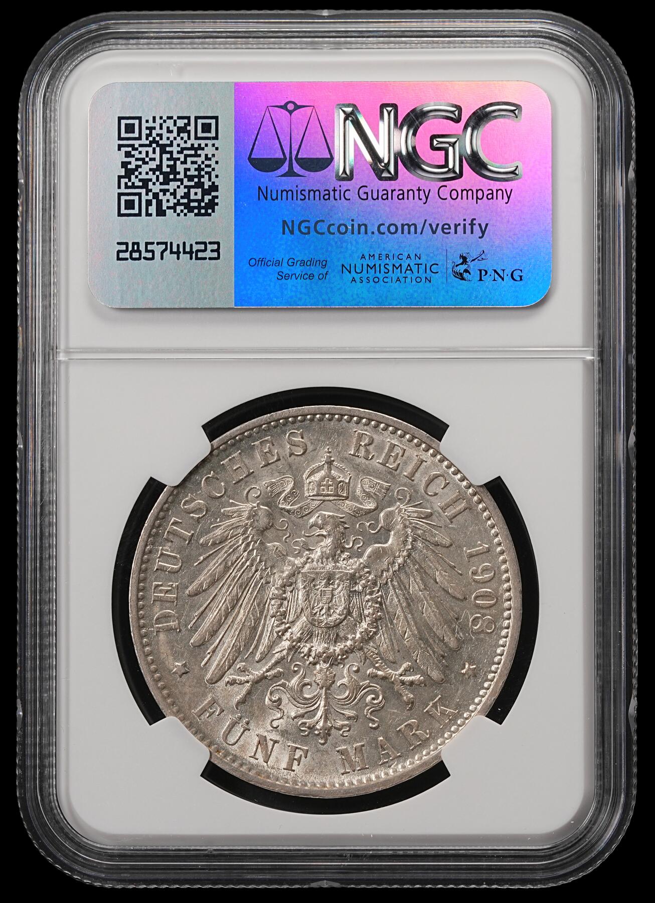 修遠堂世界钱币第五十五期 全场包邮 NGC AU58 1908年符腾堡5马克大银币