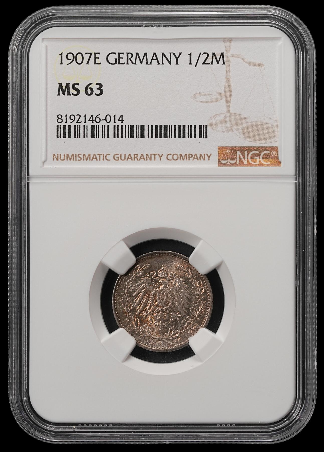 修遠堂世界钱币第五十五期 全场包邮 NGC MS63 1907年德意志第二帝国1/2马克银币 E厂铭 少见的年份厂铭仅铸造60万枚 重五彩包浆