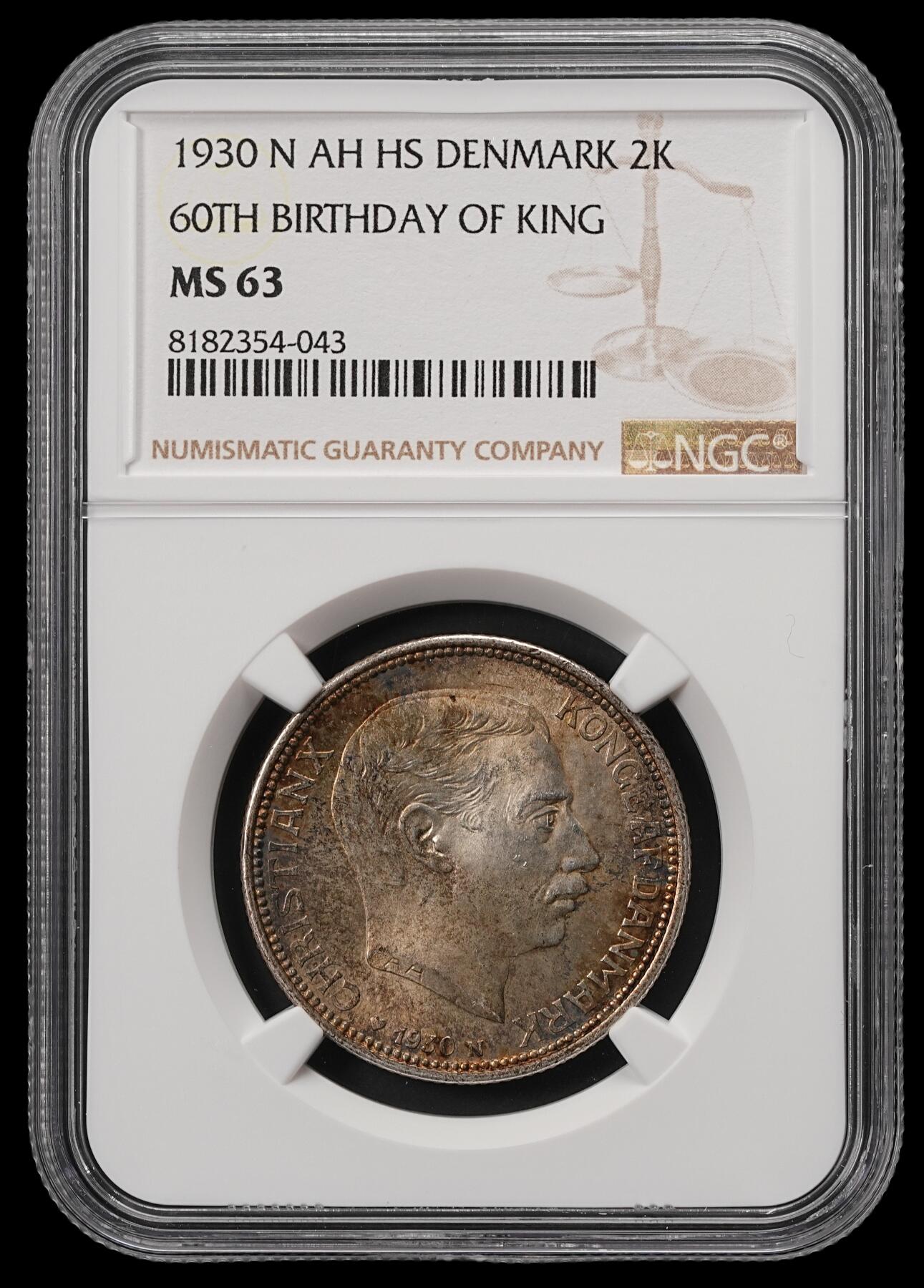 修遠堂世界钱币第五十五期 全场包邮 NGC MS63 1930年丹麦国王60大寿纪念2克朗银币