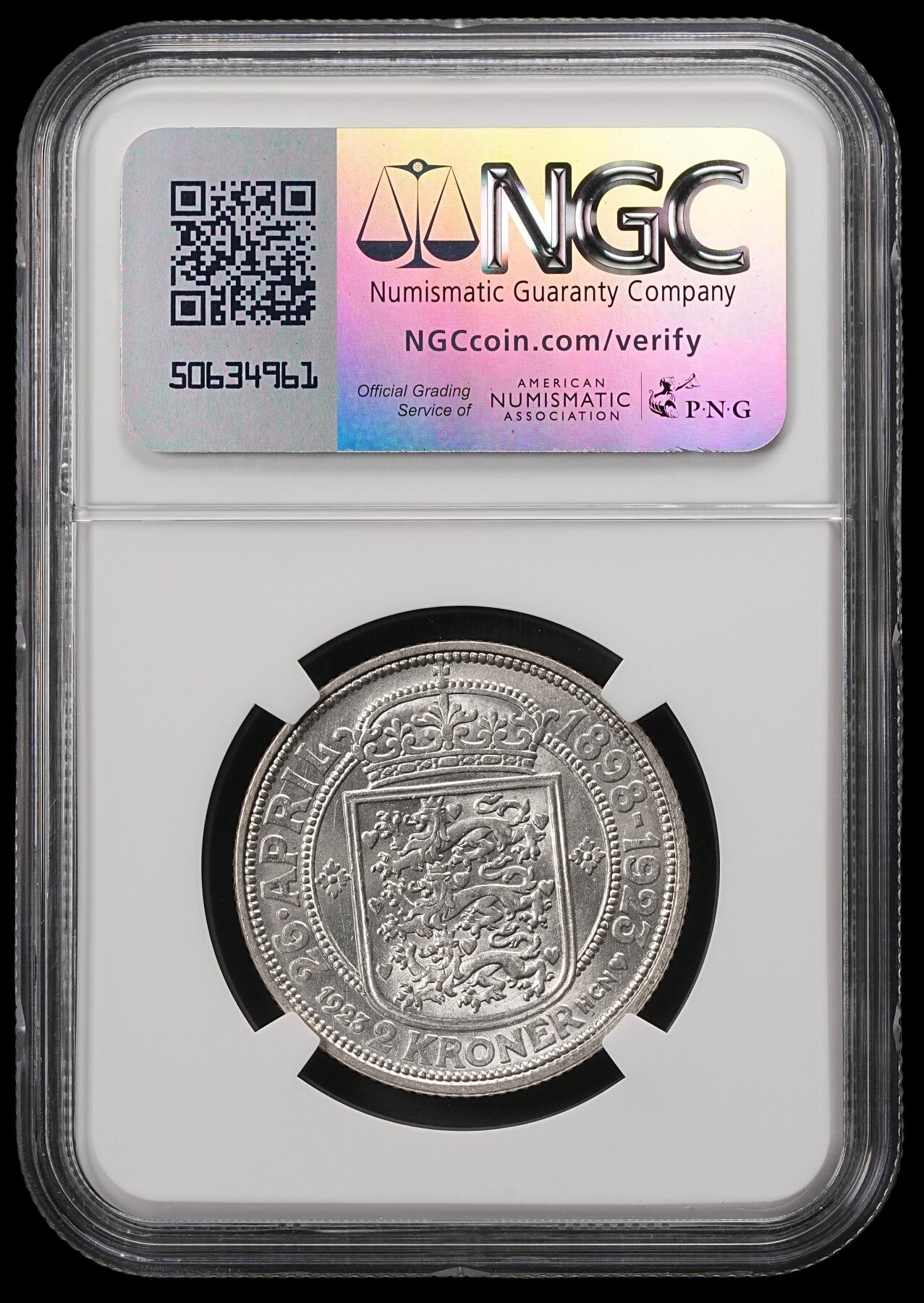 修遠堂世界钱币第五十五期 全场包邮 NGC MS65 1923年丹麦国王银婚纪念2克朗银币