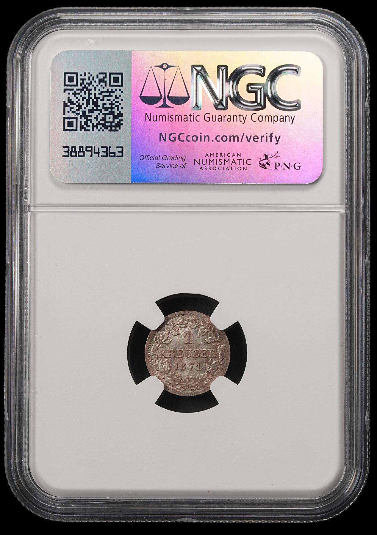 修遠堂世界钱币第五十五期 全场包邮 NGC MS64 1871年巴伐利亚1克鲁泽银币