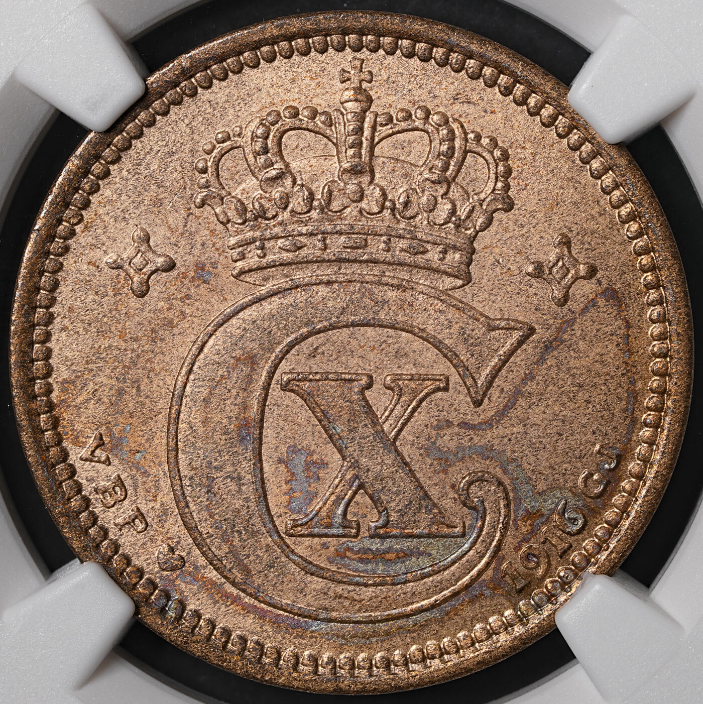 修遠堂世界钱币第五十五期 全场包邮 NGC MS64RB 1916年丹麦5欧尔铜币 较少见年份 铸造量只有80多万枚