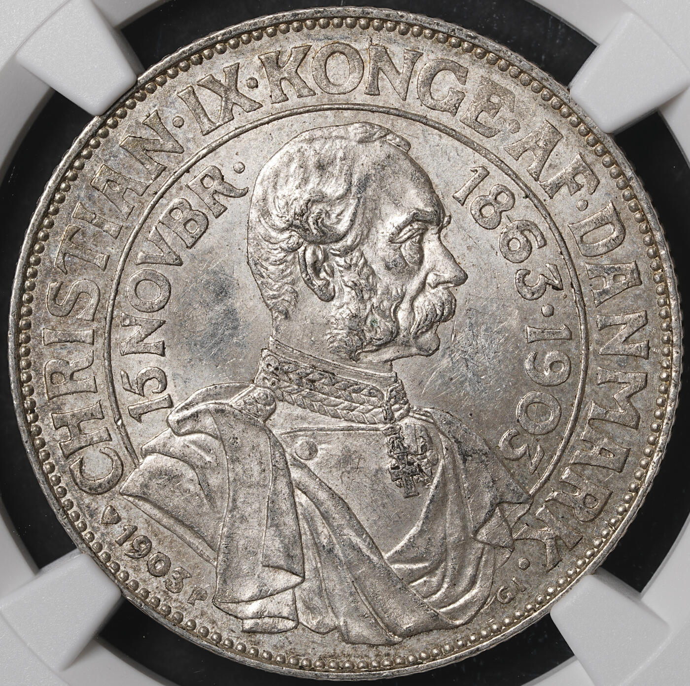 修遠堂世界钱币第五十五期 全场包邮 NGC MS62 1903年丹麦国王登基40周年纪念2克朗银币