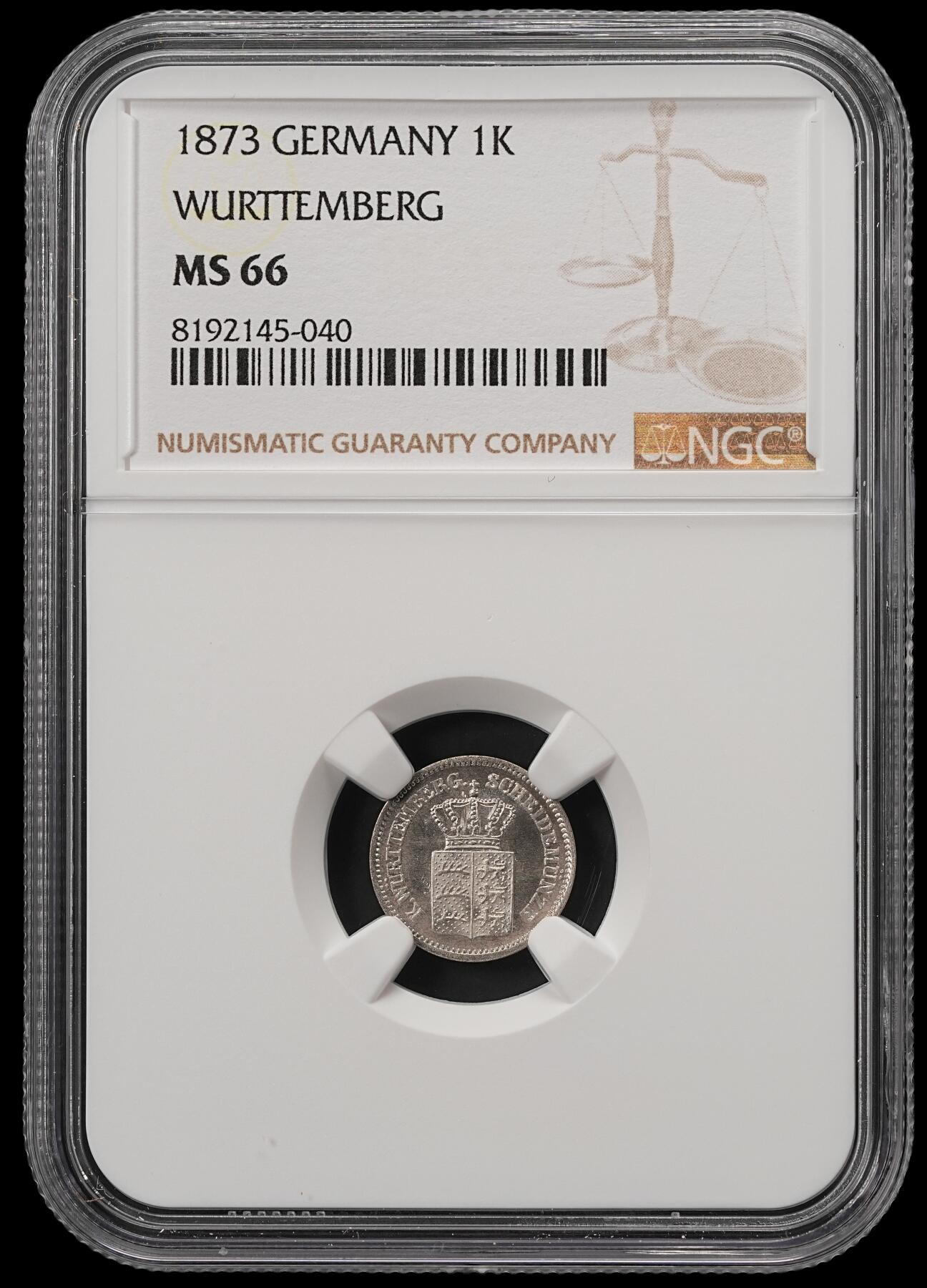 修遠堂世界钱币第五十五期 全场包邮 NGC MS66 1873年巴伐利亚1克鲁泽银币