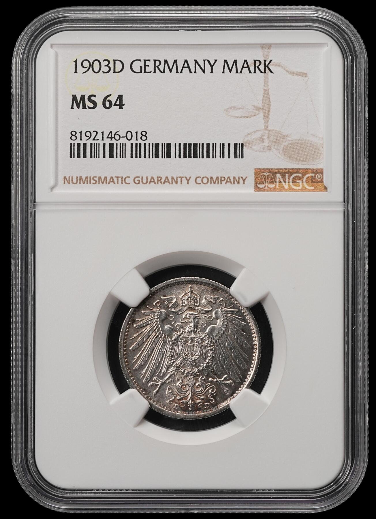 修遠堂世界钱币第五十五期 全场包邮 NGC MS64 1903年德意志第二帝国1马克银币 D厂铭 五彩 较少见早期年份