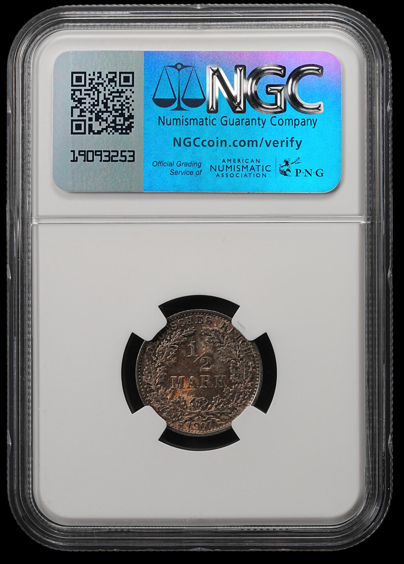 修遠堂世界钱币第五十五期 全场包邮 NGC MS63 1907年德意志第二帝国1/2马克银币 E厂铭 少见的年份厂铭仅铸造60万枚 重五彩包浆