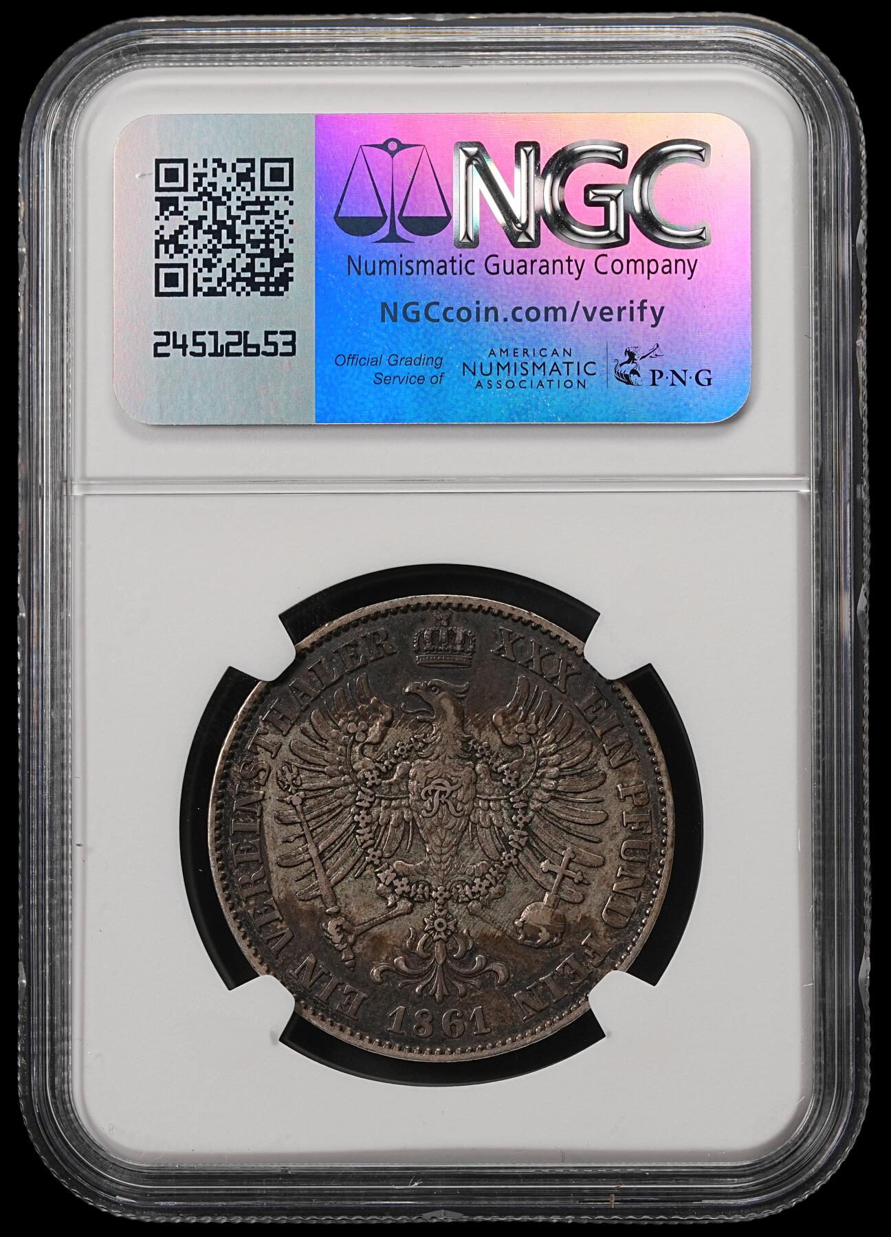 修遠堂世界钱币第五十五期 全场包邮 NGC XF45 1861年普鲁士1泰勒银币 酱黑彩