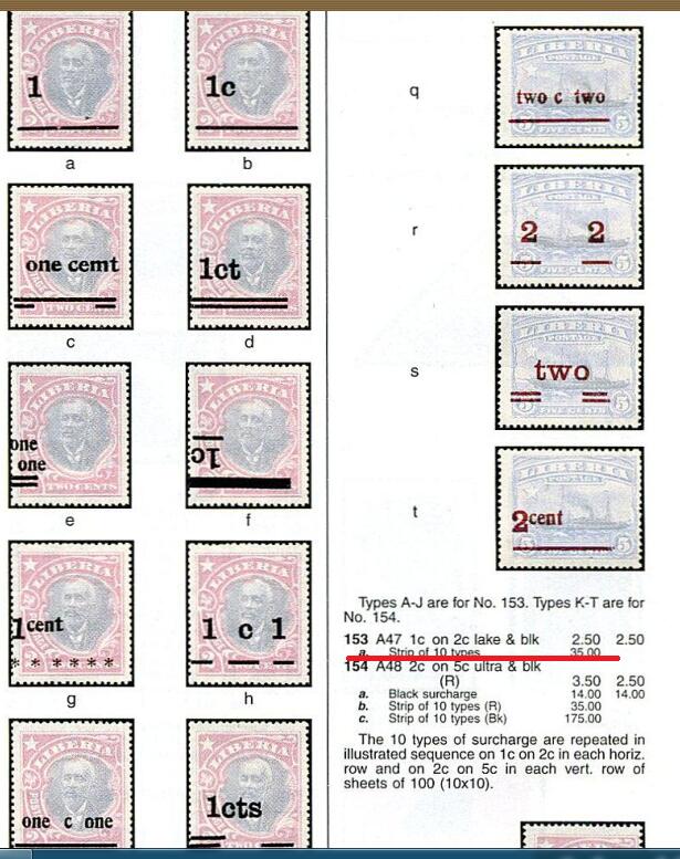 错变体 —— 奇葩的加盖票，利比里亚，1915年，10连10加盖不同，新  （店内编号147）