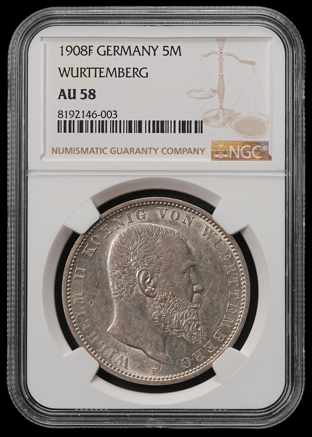 修遠堂世界钱币第五十五期 全场包邮 NGC AU58 1908年符腾堡5马克大银币