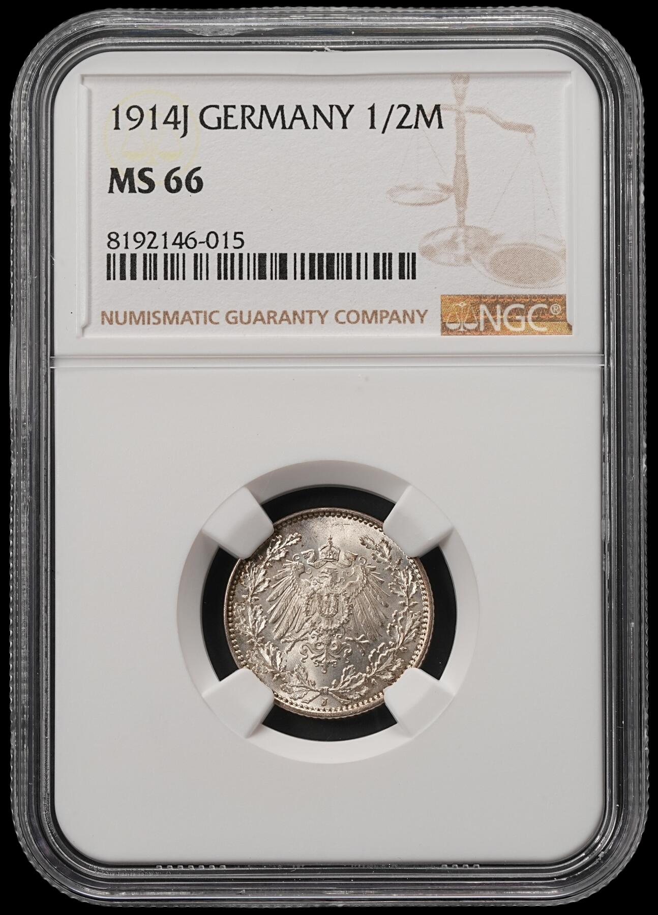 修遠堂世界钱币第五十五期 全场包邮 NGC MS66 1914年德意志第二帝国1/2马克银币 J厂铭 较少见的厂铭