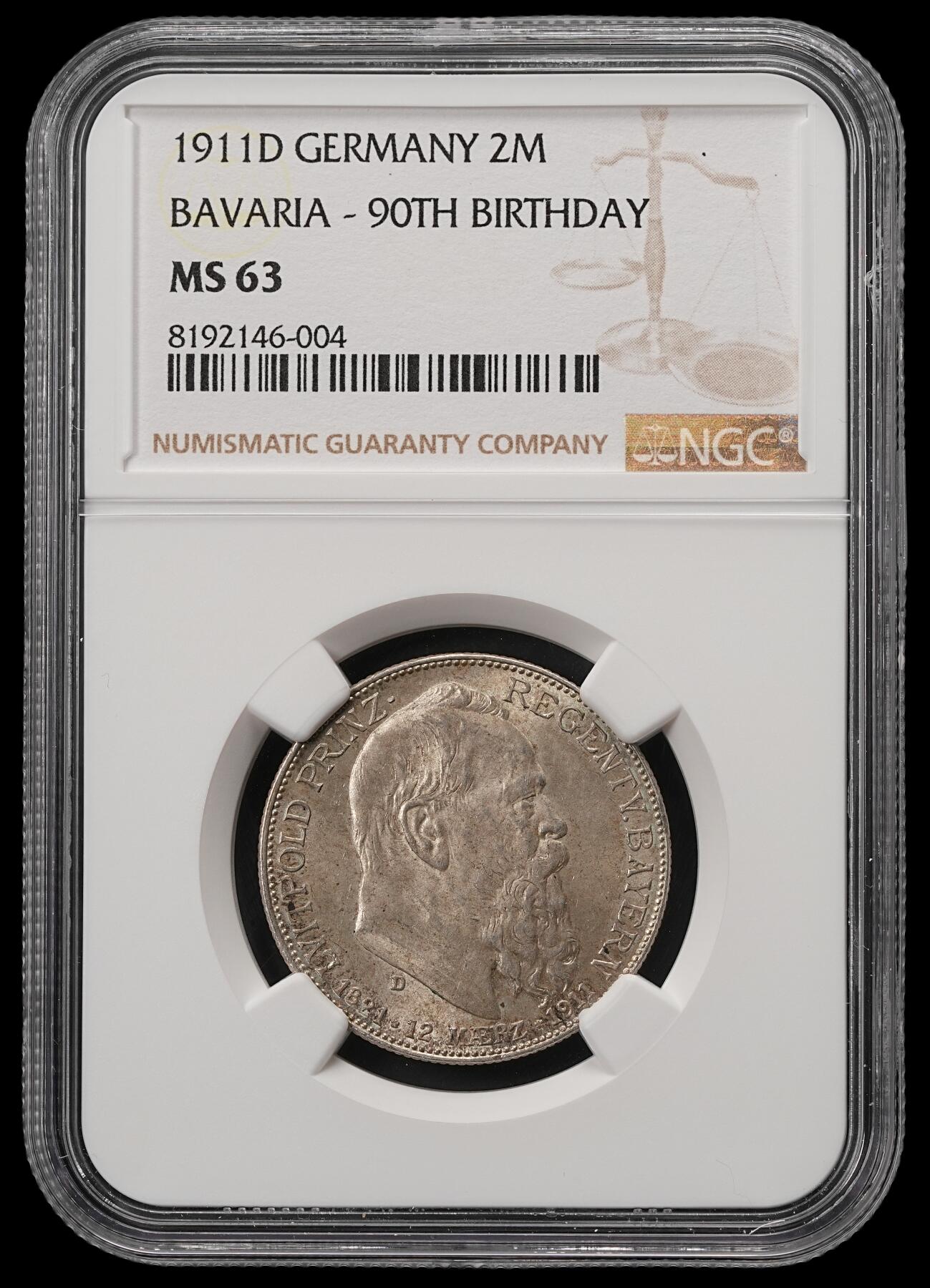 修遠堂世界钱币第五十五期 全场包邮 NGC MS63 1911年巴伐利亚摄政王90大寿纪念2马克银币
