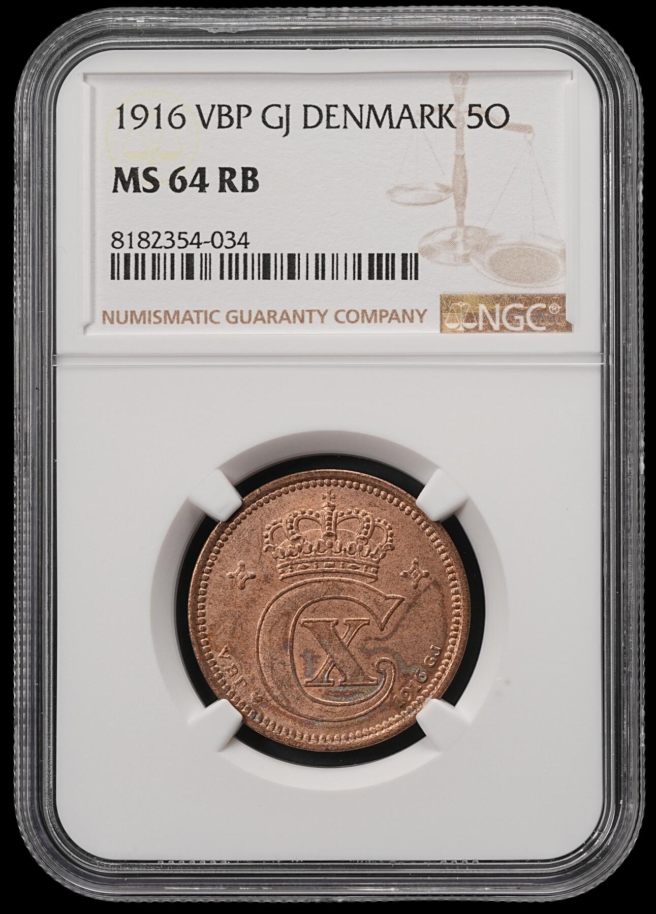 修遠堂世界钱币第五十五期 全场包邮 NGC MS64RB 1916年丹麦5欧尔铜币 较少见年份 铸造量只有80多万枚