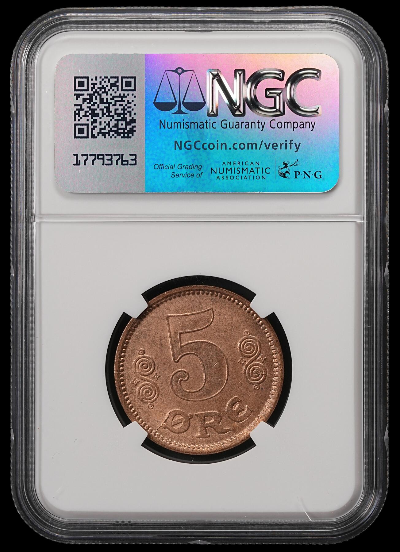 修遠堂世界钱币第五十五期 全场包邮 NGC MS64RB 1916年丹麦5欧尔铜币 较少见年份 铸造量只有80多万枚