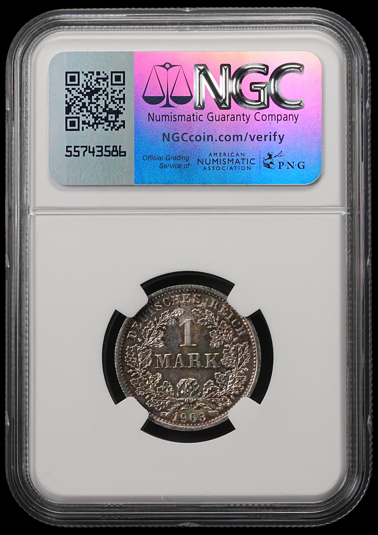 修遠堂世界钱币第五十五期 全场包邮 NGC MS64 1903年德意志第二帝国1马克银币 D厂铭 五彩 较少见早期年份