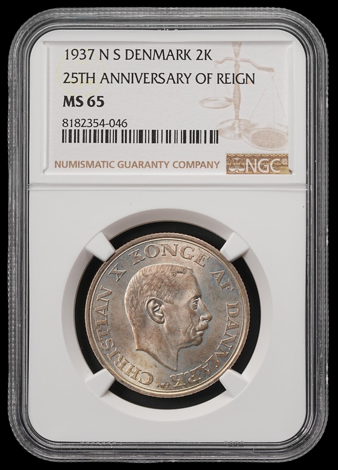 修遠堂世界钱币第五十五期 全场包邮 NGC MS65 1937年丹麦国王登基25周年纪念2克朗银币