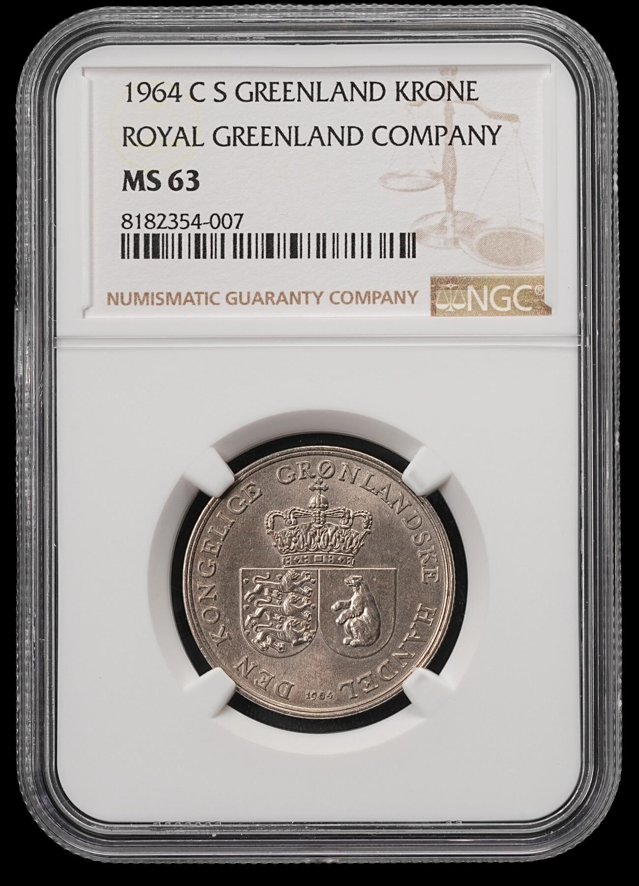 修遠堂世界钱币第五十五期 全场包邮 NGC MS63 1964年格陵兰皇家矿业公司1克朗
