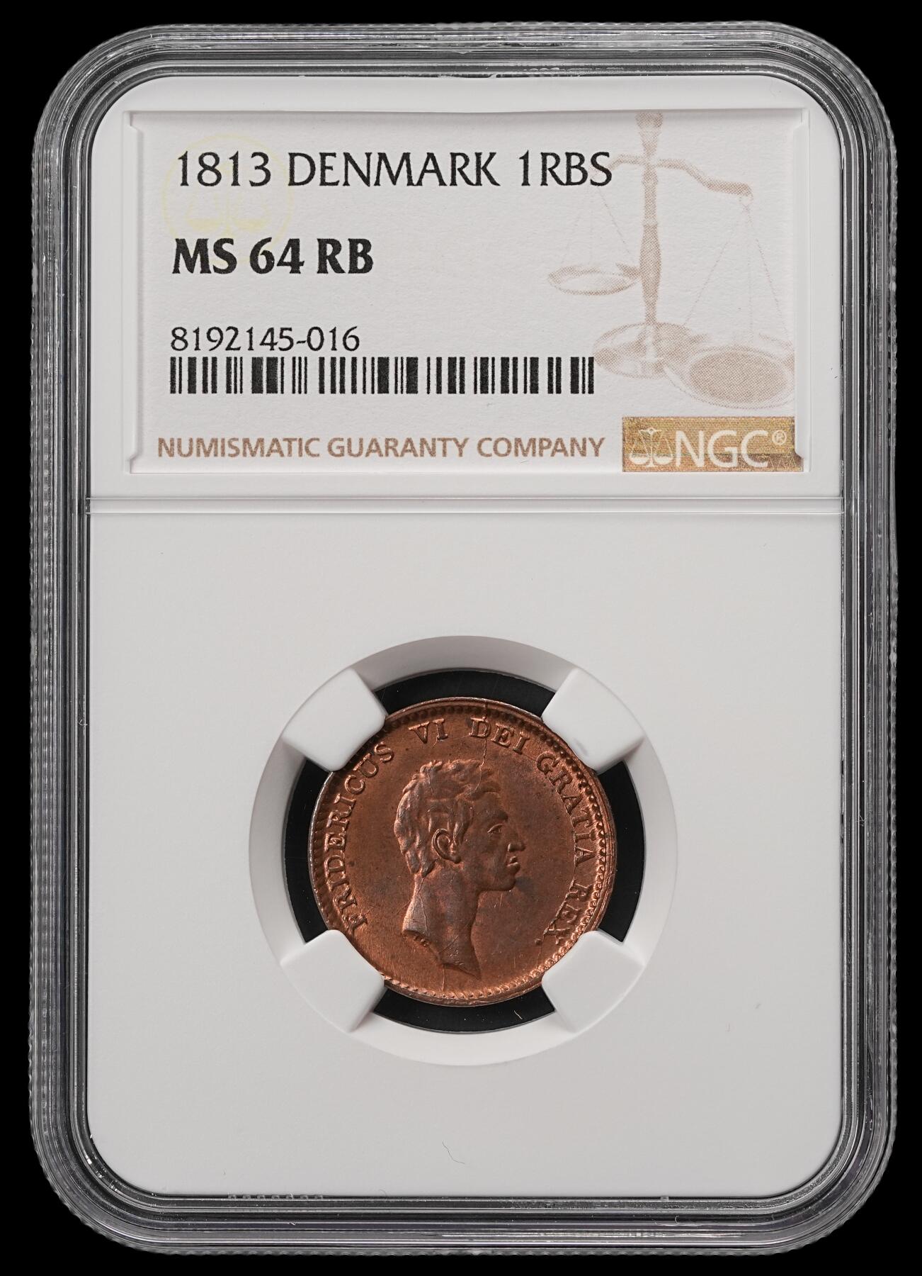 修遠堂世界钱币第五十五期 全场包邮 NGC MS64RB 丹麦1813年1 RIGSBANKSKILLING铜币