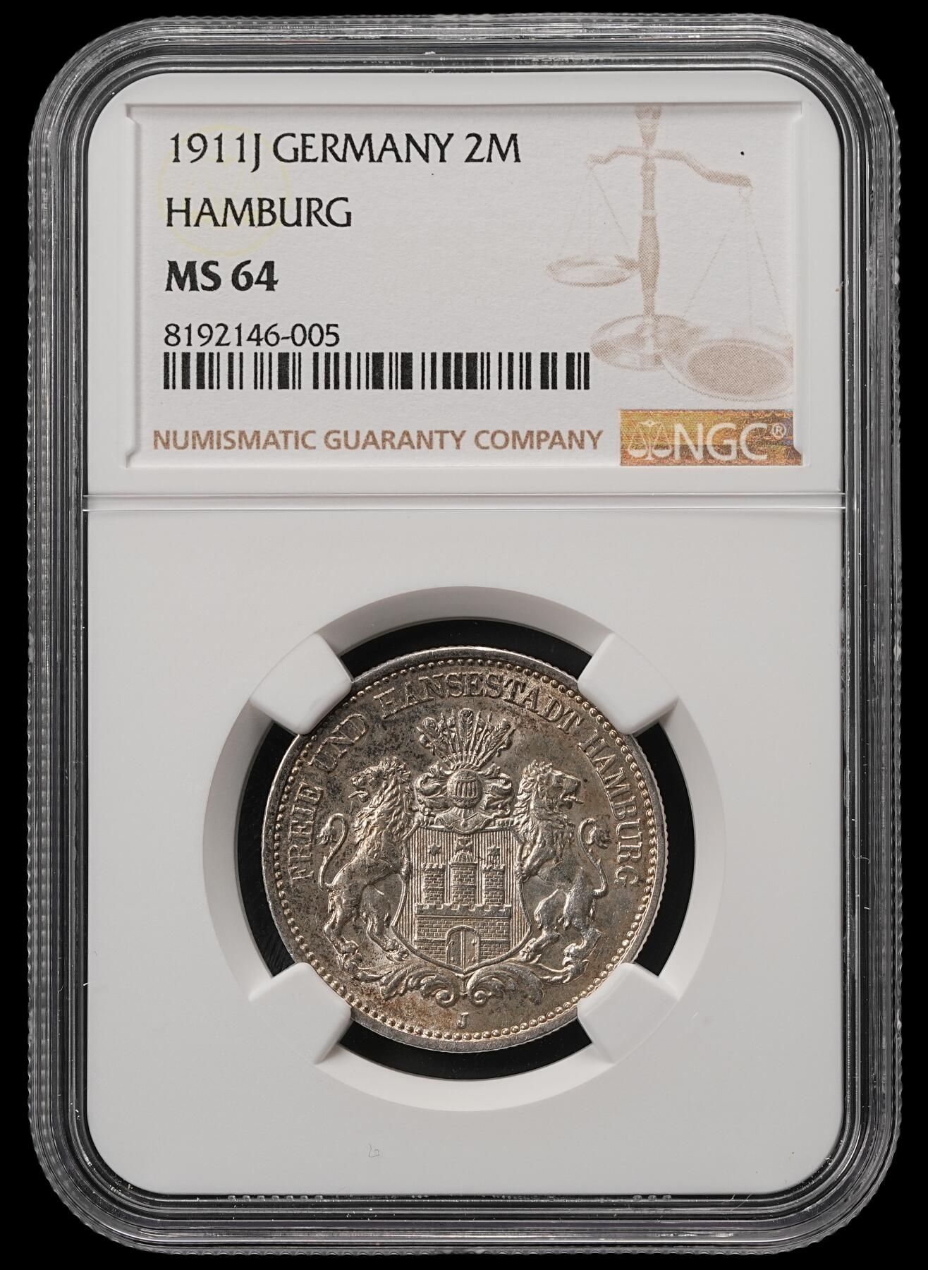 修遠堂世界钱币第五十五期 全场包邮 NGC MS64 1911年汉堡2马克银币 汉堡2马克MS少见价格明显高于3马克