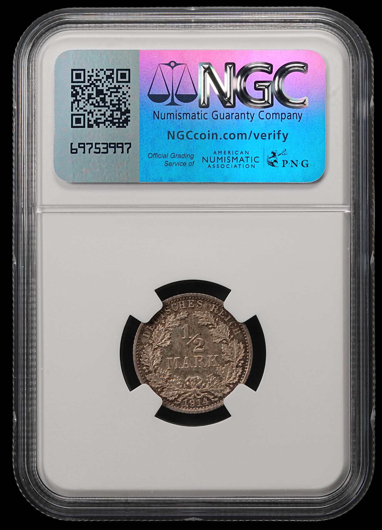 修遠堂世界钱币第五十五期 全场包邮 NGC MS64 1914年德意志第二帝国1/2马克银币 A厂铭