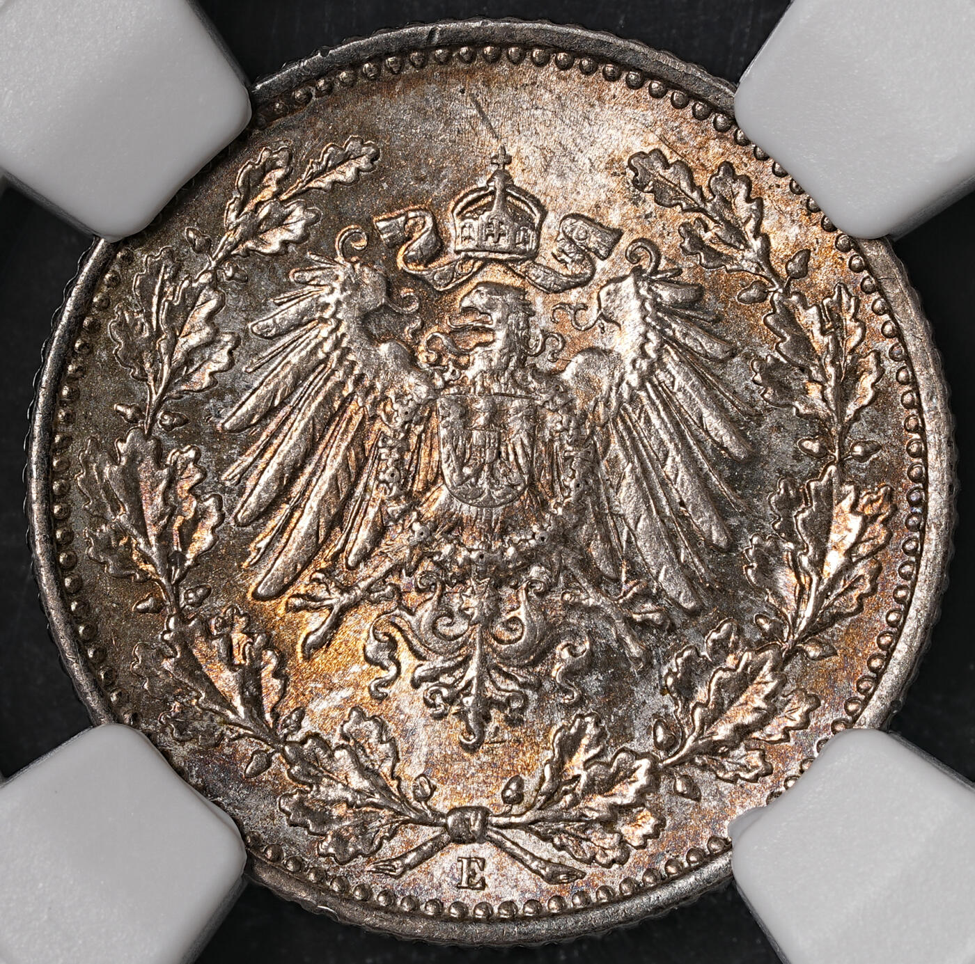 修遠堂世界钱币第五十五期 全场包邮 NGC MS63 1907年德意志第二帝国1/2马克银币 E厂铭 少见的年份厂铭仅铸造60万枚 重五彩包浆