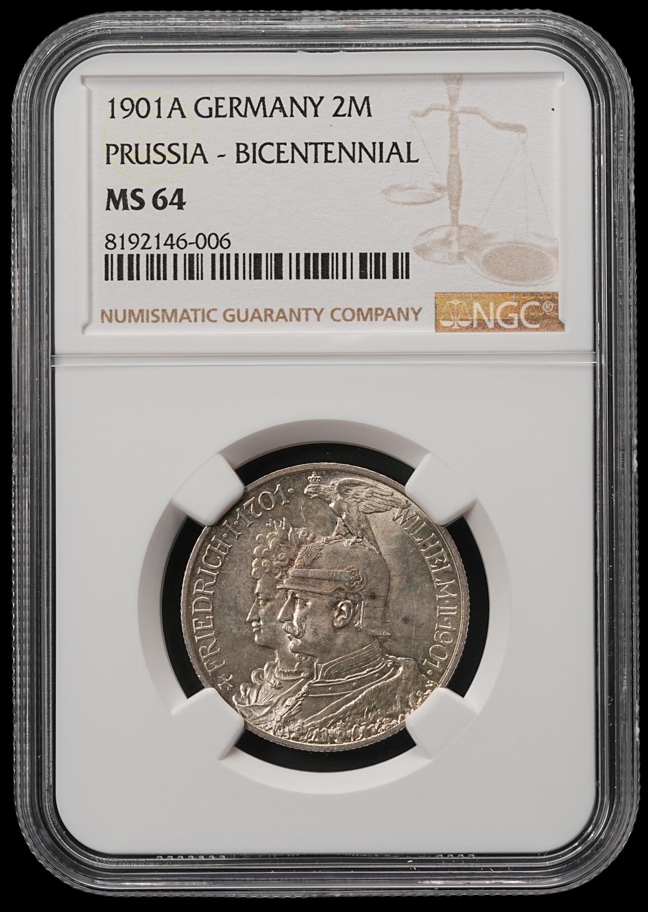 修遠堂世界钱币第五十五期 全场包邮 NGC MS64 1901年普鲁士建国200周年2马克银币