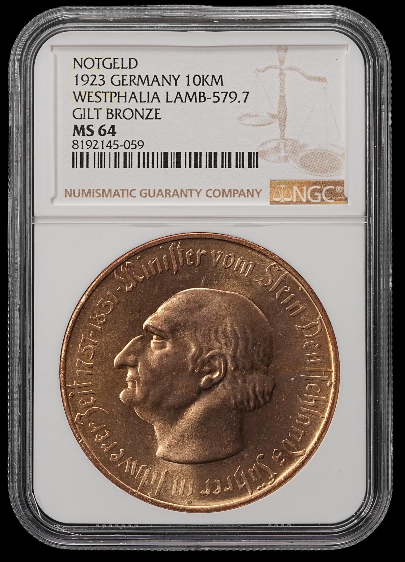 修遠堂世界钱币第五十五期 全场包邮 NGC MS64 1923年德国紧急时期威斯特法伦10000马克大马币